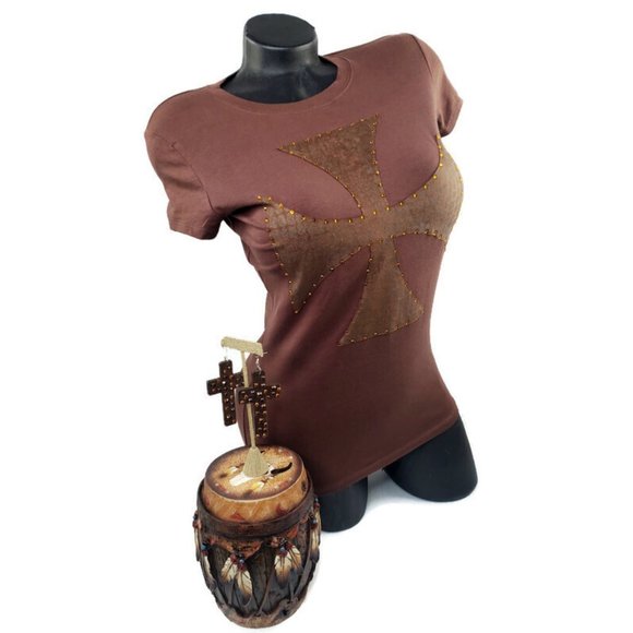 ** NEW ** Chocolate Fitted Spandex Tee with Fabric stitch Cross with Crystals. - Picture 5 of 5